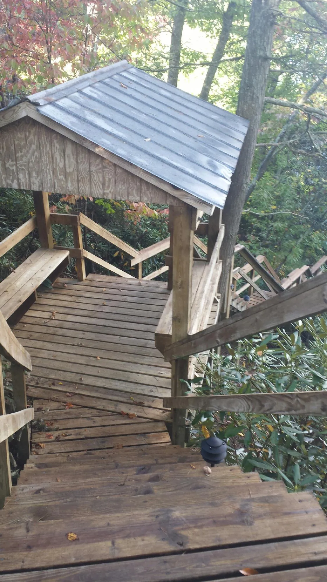Metal roofed shelter over wooden steps on a wooded walkway — Skylight Repair & Installation work by our crew in Basehor